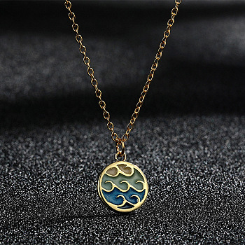 Colorful Wave Shaped Brass Blue Enamel Pendant 201 Stainless Steel Cable Chain Necklaces for Women, Golden, 17.72 inch(45cm)