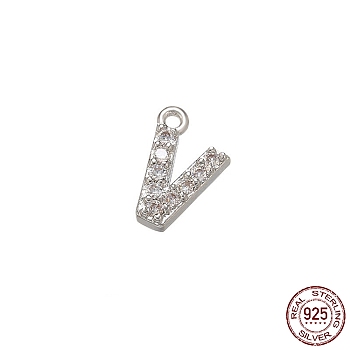 Real Platinum Plated Rhodium Plated 925 Sterling Silver Micro Pave Clear Cubic Zirconia Charms, Initial Letter, Letter V, 8.5x5.5x1mm, Hole: 0.9mm