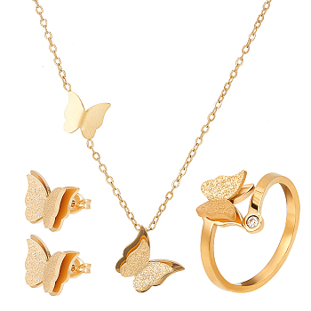 Titanium Steel Butterfly Jewelry Set, Stud Earrings & Open Cuff Rings & Pendnat Necklace, Golden, 10x12mm, Inner Diameter: 18mm, 17.13 inch(43.5cm)
