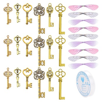 SUNNYCLUE Skeleton Key Charm DIY Jewelry Making Kit for Crafts Gifts, Including Alloy Pendants, Polyester Fabric Wings, Clear Elastic Crystal Thread, Antique Golden, 60pcs/set