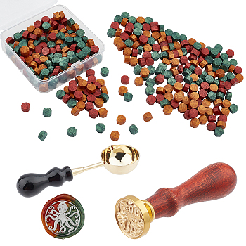 CRASPIRE DIY Wax Seal Stamp Kits, Including Sealing Wax Particles, Beech Handle and Brass Spoon, Beech Wood Handle, Light Gold, Sealing Wax Particles: 9mm, 3 colors, 60pcs/color, 180pcs/set