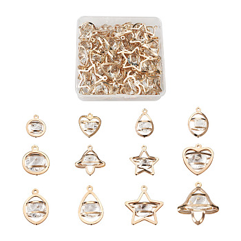 72Pcs 12 Style Alloy Pendants, with Crystal Rhinestone, Mixed Shapes, Light Gold, 6pcs/Style