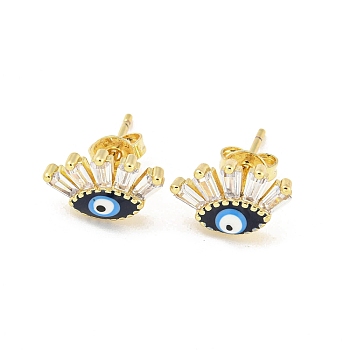 Evil Eye Real 18K Gold Plated Brass Stud Earrings, with Enamel and Clear Cubic Zirconia, Dark Blue, 7.5x11.5mm