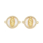 Brass Pendants, with Micro Pave Cubic Zirconia, Shell and Jump Rings, Flat Round with Virgin Mary, Clear, Golden, 15.7x20.7x3.5mm, Hole: 1.5mm(KK-I656-29A-01-G-1)