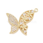 Brass Pave Clear Cubic Zirconia Pendants, Cadmium Free & Nickel Free & Lead Free, Butterfly with Flower, Long-Lasting Plated, Real 14K Gold Plated, 17x19x2.5mm, Hole: 1mm(KK-Z061-08G-02)