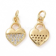 Brass Micro Pave Cubic Zirconia Charms, Real 18K Gold Plated, with Jump Ring, Heart Lock, Clear, 14x9x2mm, Jump Ring: 5x0.8mm, Inner Diameter: 3.2mm(KK-E068-VF035)
