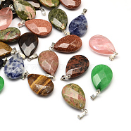 Faceted Flat Teardrop Natural & Synthetic Mixed Stone Pendants, with Platinum Tone Brass Findings, 27x16x6mm, Hole: 6x2mm(G-R312-M)