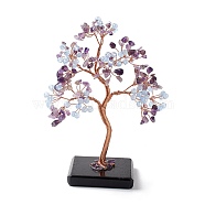 Natural Amethyst & Dyed Jade Tree Display Decoration, Obsidian Slice Base Feng Shui Ornament for Wealth, Luck, Rose Gold Brass Wires Wrapped, 65~70x135~140x170~180mm(DJEW-G027-06RG-04)