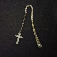 Luminous Alloy Bookmarks, Glow in the Dark Hook Bookmarks, Cross Pendant Book Marker, with Cable Chains, Antique Bronze, 122mm(OFST-PW0002-022AB)