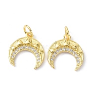 Brass Micro Pave Cubic Zirconia Charms, with Jump Ring, Long-Lasting Plated, Lead Free & Cadmium Free, Double Horn/Crescent Moon, Real 18K Gold Plated, 14.5x14x2.5mm(ZIRC-C022-04G)