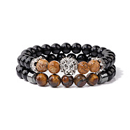 Natural Picture Jasper & Tiger Eye & Obsidian & Synthetic Hematite Stretch Bead Stretch Bracelets, with Lion Head for Men, (IO9425-1)