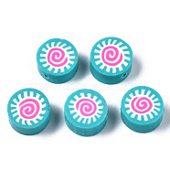 Handmade Polymer Clay Beads, for DIY Jewelry Crafts Supplies, Flat Round with Sun, Dark Turquoise, 9.5x4.5~5mm, Hole: 1.6mm(CLAY-N008-037D)