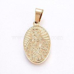 304 Stainless Steel Pendants, Oval with Virgin Mary, Golden, 23x14x2.5mm, Hole: 7x4mm(STAS-H458-18G)