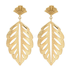 304 Stainless Steel Leaf Theme Stud Earrings For Women, Real 18K Gold Plated, 68x30.5mm(EJEW-B110-03G-06)