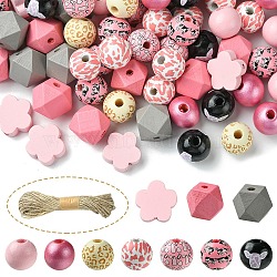 DIY Animal Cattle Theme Wooden Beaded Keychain Making Kits, Pink, Beads: 14.5~19x15.5~20x6~16.5mm, Hole: 2~4mm(DIY-YW0008-69B)