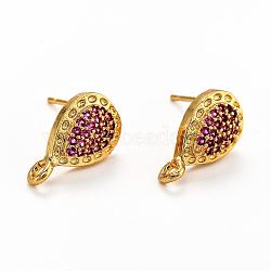Brass Stud Earring Findings, with Loop, Micro Pave Cubic Zirconia, Drop, Crimson, 14.5x8.5x3mm, Hole: 1.4~1.5mm, Pin: 0.8mm(KK-G398-07A-G)