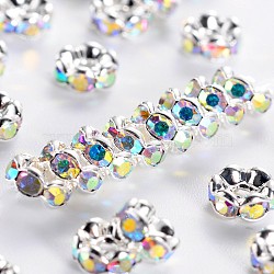 Brass Rhinestone Spacer Beads, Grade AAA, Wavy Edge, Nickel Free, Silver Color Plated, Rondelle, Crystal AB, 5x2.5mm, Hole: 1mm(X-RB-A014-L5mm-28S-NF)