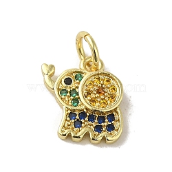 Real 18K Gold Plated Brass Pave Cubic Zirconia Pendants, with Jump Rings, Elephant, Colorful, 11x10x2mm, Hole: 3mm(KK-M283-02G-02)