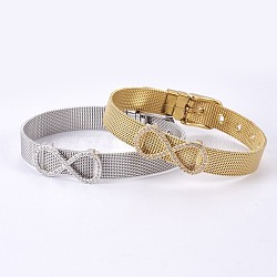 Unisex 304 Stainless Steel Watch Band Wristband Bracelets, with Brass Micro Pave Cubic Zirconia Slider Charms, Infinity, Mixed Color, 8-5/8 inch(21.8cm), 10mm(BJEW-L655-029)
