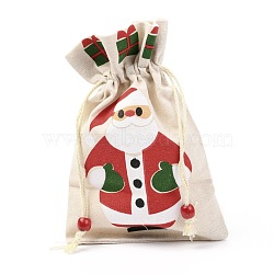 Christmas Theme Cotton Fabric Cloth Bag, Drawstring Bags, for Christmas Party Snack Gift Ornaments, Santa Claus Pattern, 22x15cm(ABAG-H104-A04)