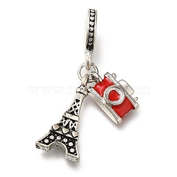 Rack Plating Alloy Red Enamel European Dangle Charms, Cameera & Tower Large Hole Pendants, Antique Silver & Platinum, 36mm, Hole: 5.2mm(PALLOY-A009-06P)