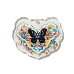 Acrylic Pendants, Heart with Butterfly, Colorful, 30x35x2mm, Hole: 2mm(OACR-R272-02B)