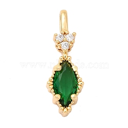 Brass Micro Pave Cubic Zirconia Pendants, with Glass, Rhombus Charm, Nickel Free, Real 18K Gold Plated, Green, 19x6.5x4.5mm, Hole: 3.5x1.5mm(KK-F916-18G-03)