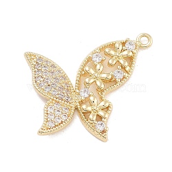 Brass Pave Clear Cubic Zirconia Pendants, Butterfly with Flower, Long-Lasting Plated, Real 14K Gold Plated, 17x19x2.5mm, Hole: 1mm(KK-Z061-08G-02)