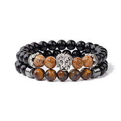 Natural Picture Jasper & Tiger Eye & Obsidian & Synthetic Hematite Stretch Bead Stretch Bracelets, with Lion Head for Men, (IO9425-1)