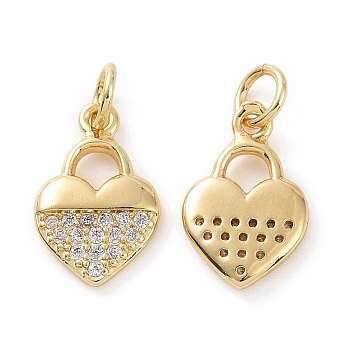 Brass Micro Pave Cubic Zirconia Charms, Real 18K Gold Plated, with Jump Ring, Heart Lock, Clear, 14x9x2mm, Jump Ring: 5x0.8mm, Inner Diameter: 3.2mm