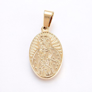 304 Stainless Steel Pendants, Oval with Virgin Mary, Golden, 23x14x2.5mm, Hole: 7x4mm