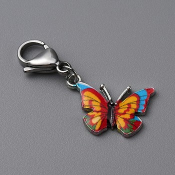 Butterfly Alloy Enamel Pendant Decoration, Stainless Steel Lobster Clasp Charms, Clip-on Charms, for Keychain, Purse, Backpack Ornament, Red, 39mm