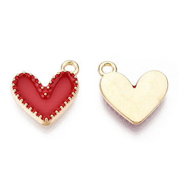 Alloy Enamel Charms, Cadmium Free & Nickel Free & Lead Free, Light Gold, Heart Charm, Red, 14x13.5x2mm, Hole: 1.5mm