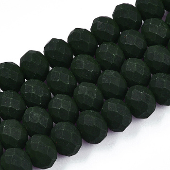 Glass Beads Strands, Faceted, Frosted, Rondelle, Dark Green, 10mm, Hole: 1mm, about 63~65pcs/strand, 19.2~20 inch(48~50cm)