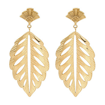 304 Stainless Steel Leaf Theme Stud Earrings For Women, Real 18K Gold Plated, 68x30.5mm