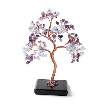 Natural Amethyst & Dyed Jade Tree Display Decoration, Obsidian Slice Base Feng Shui Ornament for Wealth, Luck, Rose Gold Brass Wires Wrapped, 65~70x135~140x170~180mm