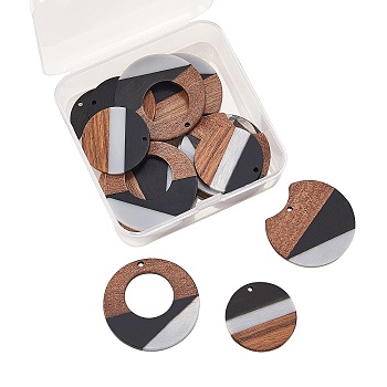 Tri-color Resin & Wood Pendants, Flat Round, Mixed Color, 38x3~3.5mm/34x36.5x3.5mm/28x3.5mm, Hole: 2mm, 12pcs/box