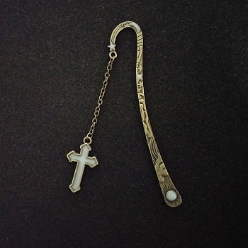 Luminous Alloy Bookmarks, Glow in the Dark Hook Bookmarks, Cross Pendant Book Marker, with Cable Chains, Antique Bronze, 122mm