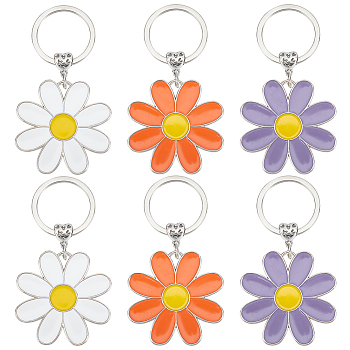 6Pcs 3 Colors Daisy Alloy Enamel Pendant Keychain, for Women Girl Car Key Bag Accessories, Mixed Color, 84.5mm, 2pcs/color