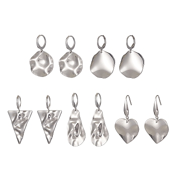 5 Pair 5 Style 201 Stainless Steel Dangle Hoop Earrings with 304 Stainless Steel Pins, Flat Round & Heart & Triangle & Oval, Stainless Steel Color, 34~42.5x15.5~23mm, 1 Pair/style