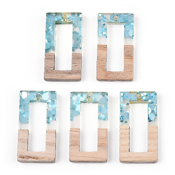 Transparent Resin & White Wood Pendants, Hollow Rectangle Charms with Paillettes, Light Sky Blue, 27~28x14.5x3~4mm, Hole: 1.8mm