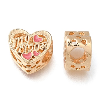 Rack Plating Alloy Enamel European Beads, Large Hole Beads, Heart with Word My Amor, Golden, 10.5x12.5x7.5mm, Hole: 6.5x4.5mm