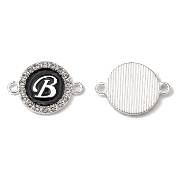 Alloy Enamel Links Connectors, with Crystal Rhinestones, Flat Round with Letter, Silver Color Plated, Letter.B, 22x16x2mm, Hole: 1.8mm