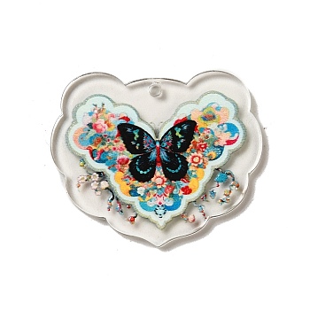 Acrylic Pendants, Heart with Butterfly, Colorful, 30x35x2mm, Hole: 2mm