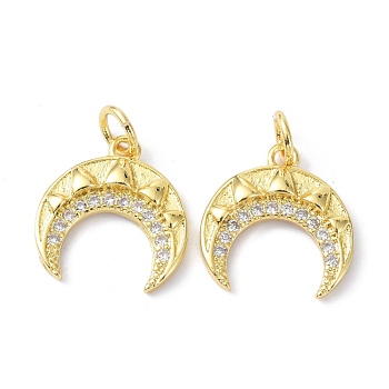 Brass Micro Pave Cubic Zirconia Charms, with Jump Ring, Long-Lasting Plated, Lead Free & Cadmium Free, Double Horn/Crescent Moon, Real 18K Gold Plated, 14.5x14x2.5mm