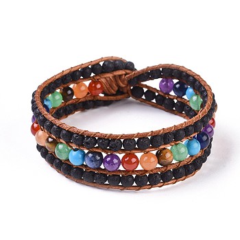 Natural Lava Rock Beaded Cord Bracelets, with Mixed Stone, Leather Cord and Alloy Clasps, Tree, 8-5/8 inch(22cm), 20mm
