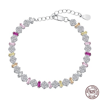 Rhodium Plated 925 Sterling Silver Link Chain Bracelet, Colorful Cubic Zirconia Tennes Bracelet, Rectangle, 6-1/2 inch(16.6cm)