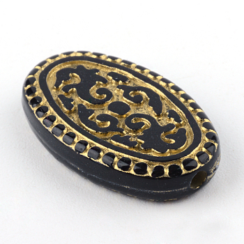 Oval Plating Acrylic Beads, Golden Metal Enlaced, Black, 21x13x4mm, Hole: 1.5mm, about 592pcs/500g