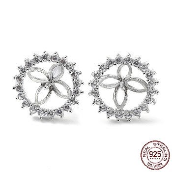 Rhodium Plated 925 Sterling Silver with Cubic Zirconia Stud Earring Findings, with S925 Stamp, for Half Drilled Pearl Beads, Flower, Real Platinum Plated, 12mm, Pin: 0.7mm