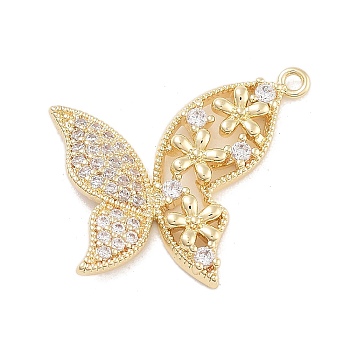 Brass Pave Clear Cubic Zirconia Pendants, Cadmium Free & Nickel Free & Lead Free, Butterfly with Flower, Long-Lasting Plated, Real 14K Gold Plated, 17x19x2.5mm, Hole: 1mm